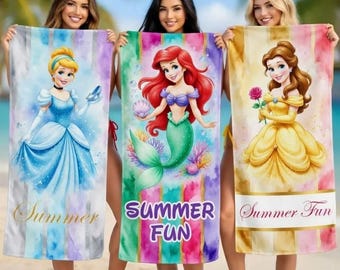 Custom Princess Beach Towel, Mermaid Fairytale Pool Towel, Personalized Kids Gift