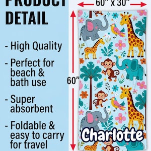 May include: A light blue beach towel with a colourful jungle animal print, featuring elephants, giraffes, and monkeys. The towel measures 152 cm x 76 cm and has the name "Charlotte" on it.