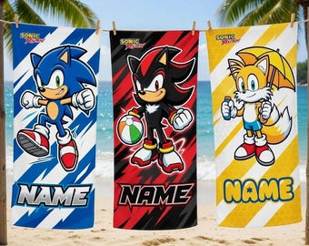Custom Sonic Shadow Tails Beach Towel, Personalized Gamer Pool Gift