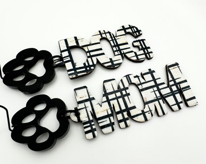 Featured listing image: Dog Mom Earrings, Black Plaid Cork, Paw Connector, Stainless Hooks