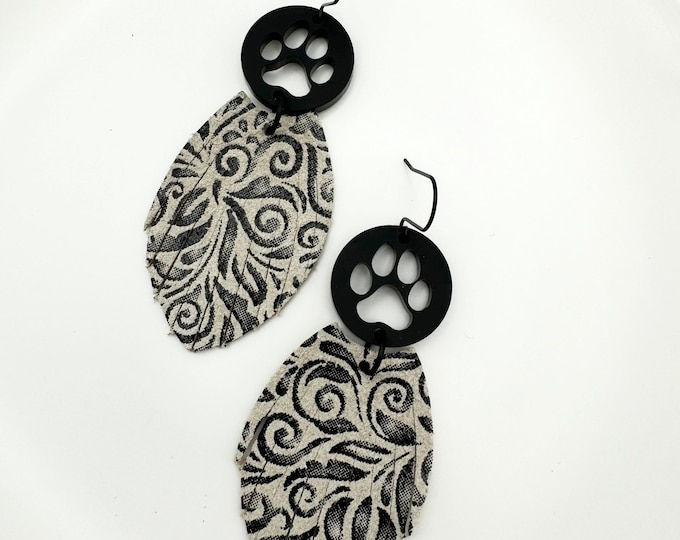 Featured listing image: Feather Earrings, Black Swirl Embossed Leather, Dog Paw Charm, Stainless Hooks