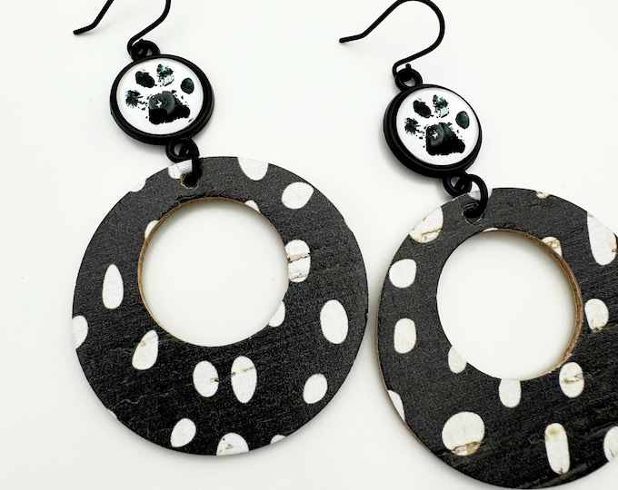 Featured listing image: Dog Lover Paw Print Earrings, White and Black Polka Dot Leather Backed Cork