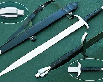 Medieval Knight Sword, J2 Stainless Steel Blade, Leather Scabbard, Crusader Display Collectible