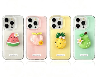 3D Fruit  Summer Clear Case,Kawaii Aesthetic Protective Cover for iPhone 16 15 14 13 12 11 Pro Max Watermelon Peach Pineapple Pear