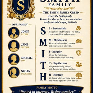 May include: A navy blue family crest design with gold accents and the name "Smith" at the top. The crest includes a crown, the letter "S", and family member silhouettes. The family motto "Rooted in integrity. Rising together." is also displayed.