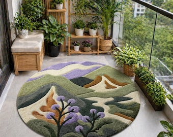 Modern Boho Floral Landscape Round Tufted Rug, Handmade Mountain Area Carpet for Bedroom, Living Room, Nursery, and Cozy Home Decor Accent