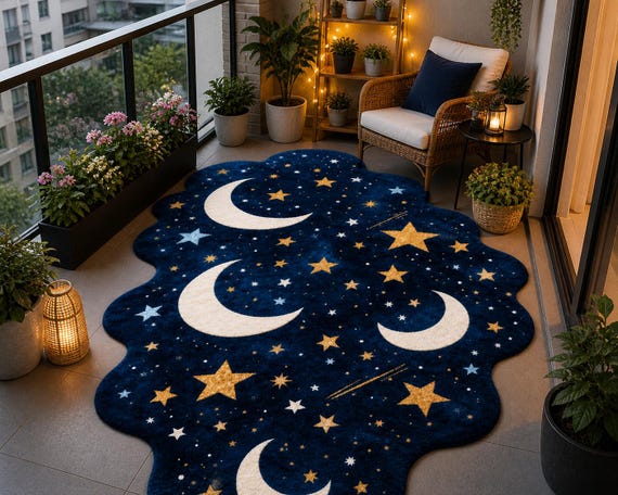 Celestial Moon and Stars Area Rug | Navy Blue Irregular Shaped Night Sky Carpet | Whimsical Nursery Decor | Boho Aesthetic Bedroom Rug