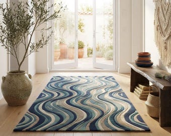 Hand Tufted Blue Abstract Rug, Wavy Modern Area Rug, Teal Cream Living Room Carpet