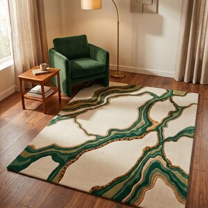 Abstract Green and Beige Area Rug, Modern Topographic Design Hand Tufted Carpet, Wavy Organic Geode Decor For Contemporary Living Room Floo