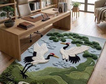 Japanese Crane Rug, 3D Tufted Landscape Area Rug, Zen Garden Green Moss Carpet, Asian Inspired Nature Floor Mat, Aesthetic Room Decor