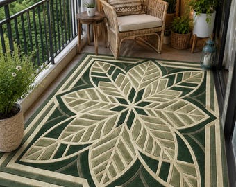 Green Botanical Area Rug, Hand Tufted Leaf Pattern Carpet, Modern Boho Living Room Decor
