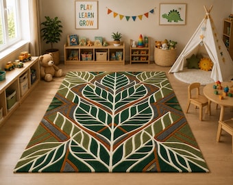 Geometric Botanical Leaf Area Rug | Emerald Green Rust Tufted Carpet