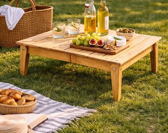 Outdoor Folding Table Wooden Picnic Setup for Beach and Travel