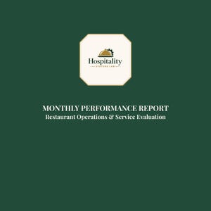 Könnte beinhalten: Dunkelgrüner Hintergrund mit einem weißen und goldenen Logo mit der Aufschrift "Hospitality Systems Lab". Unter dem Logo steht der Text "MONATLICHER LEISTUNGSBERICHT Restaurant Operations & Service Evaluation".