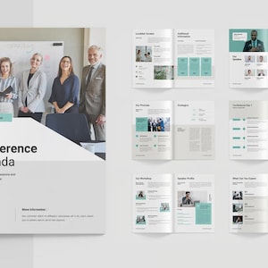 May include: A conference agenda brochure template featuring a cover with a group of professionals and multiple interior page layouts. The cover displays the text Conference Agenda, A Day of Insightful Sessions and Valuable Connections, and March 08-12 2025.
