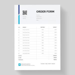 Könnte beinhalten: Eine weiße Bestellformularvorlage mit einem blauen vertikalen Akzentstreifen auf der linken Seite, einem QR-Code und dem Text ORDER FORM oben. Das Dokument enthält eine Tabelle mit Spalten für Menge, Produkt, Einzelpreis und Gesamtbetrag.