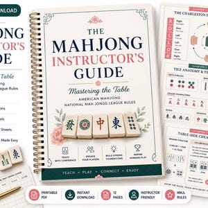 May include: A spiral-bound instructional guide titled The Mahjong Instructor's Guide Mastering the Table, featuring American Mahjong National Mah Jongg League rules. The cover displays five mahjong tiles, floral accents, and instructional text.