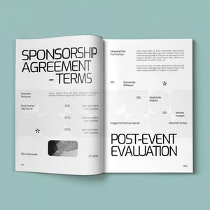 Op de afbeelding: Een open document met de titel Sponsorship Agreement - Terms op de linkerpagina en Post-Event Evaluation op de rechterpagina. De lay-out bevat zwarte schreefloze tekst, alinea's met tijdelijke aanduidingen, genummerde secties en kleine sterpictogrammen.