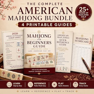 May include: A complete American Mahjong bundle featuring four printable guides, including a 2026 cheat sheet, a beginner's guide, a quick reference guide, and a scorecard. The materials display rules, strategies, and tile illustrations in maroon and cream.