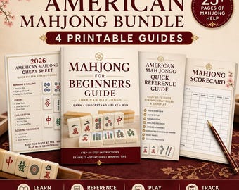 May include: A complete American Mahjong bundle featuring four printable guides, including a 2026 cheat sheet, a beginner's guide, a quick reference guide, and a scorecard. The materials display rules, strategies, and tile illustrations in maroon and cream.