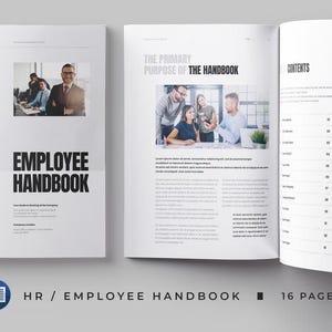 May include: A 16-page employee handbook document featuring a white cover with the text Employee Handbook and a photograph of a professional. The interior pages display the text The Primary Purpose of the Handbook, a contents list, and photos.