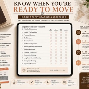 May include: A digital tablet displaying a 12-point expat readiness scorecard checklist with categories including legal, financial, tax, and healthcare planning. The screen features checkboxes for tracking progress and a final score section for international relocation.