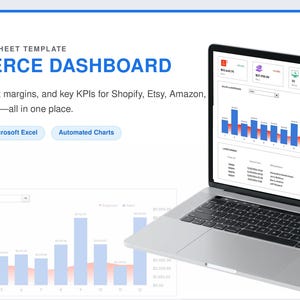 May include: A laptop displaying an ecommerce dashboard spreadsheet template with blue bar charts, financial data, and key performance indicators. Text includes Premium Spreadsheet Template, Ecommerce Dashboard, Google Sheets, and Microsoft Excel.
