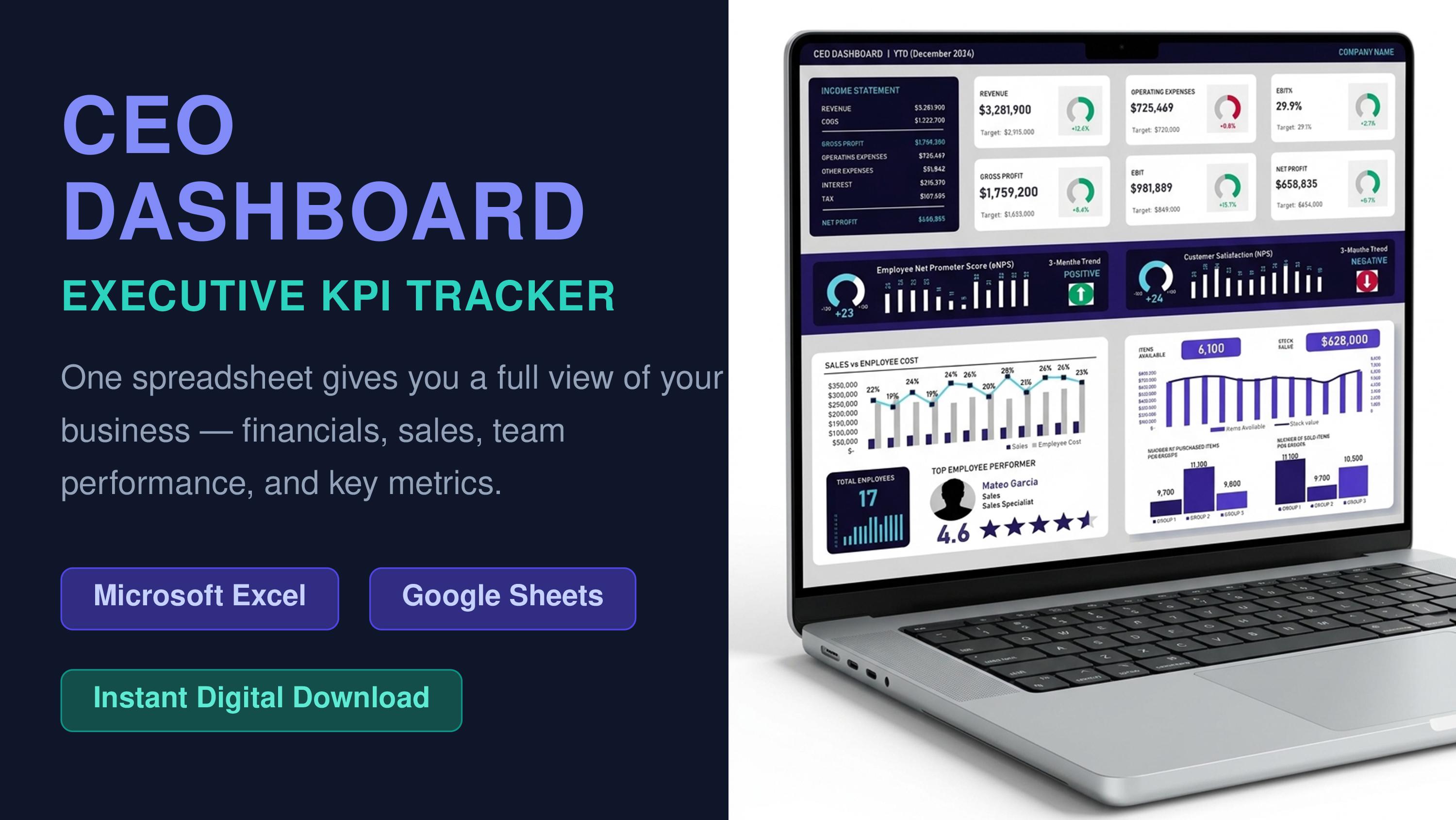 CEO Dashboard Template Executive KPI Tracker Excel Google Sheets ...
