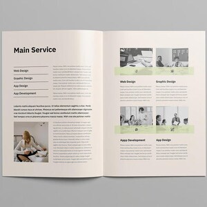 May include: An open brochure with a light beige background featuring the heading Main Service. The layout includes sections for Web Design, Graphic Design, App Design, and App Development, accompanied by black and white photographs and blocks of placeholder text.