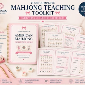 May include: A complete Mahjong teaching toolkit featuring a spiral-bound American Mahjong instructor guide, quick reference guides, cheat sheets, tile and card references, and practice lesson plans. The materials are printed in pink and white.