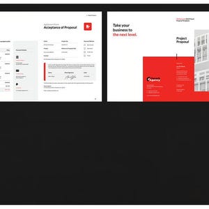Könnte beinhalten: Eine digitale Projektvorschlagsvorlage mit einem weißen und roten Farbschema. Das Dokument enthält Abschnitte für Kostenvoranschläge, Annahme des Vorschlags und Projektdetails mit Textfeldern für Kundeninformationen, Unterschriften und Agenturbranding.
