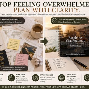 May include: A Residency Visa Roadmap spiral-bound planner with a coastal town cover image. The layout includes a comparison between a cluttered desk with a passport and sticky notes, and an organized workspace with a notebook and pen.