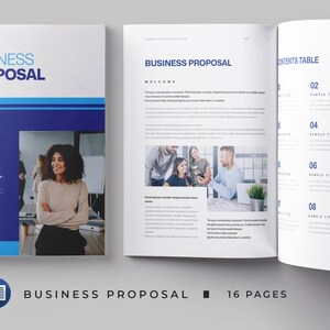 May include: A 16-page business proposal brochure template featuring a blue and white colour scheme. The cover displays the text "BUSINESS PROPOSAL" and a QR code. The interior pages show a table of contents, professional text, and photographs.
