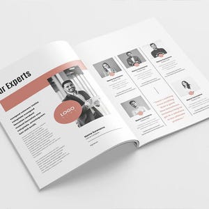 May include: An open brochure titled Meet Our Experts featuring black and white portraits of professionals, placeholder text, and a prominent coral-colored accent bar. The layout includes a large photo of a person, circular logo placeholders, and contact details.