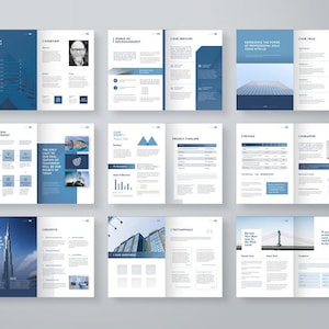 May include: A multi-page corporate brochure layout featuring a blue and white color scheme. The pages include sections for a table of contents, overview, services, team profiles, project timelines, pricing tables, benefits, and client testimonials.