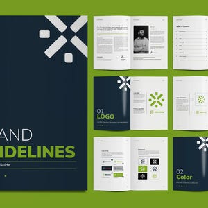 May include: A brand guidelines document titled REDUNOM BRAND GUIDELINES The Complete Guide, featuring a dark blue cover with white and green text. The interior pages display a table of contents, logo design specifications, and color palette samples.