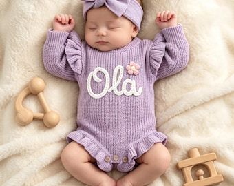 Hand Embroidered Baby Romper Set, Custom Baby Name Romper, Newborn Frilly Romper, Personalized Organic Cotton Knit Outfit, 1st Birthday Gift
