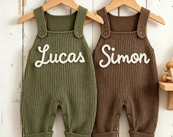 Embroidered Knit Baby Overalls, Custom Name Baby Romper, Personalized Baby Dungaree, Monogrammed Baby Boy Onesie, Newborn Toddler Outfit