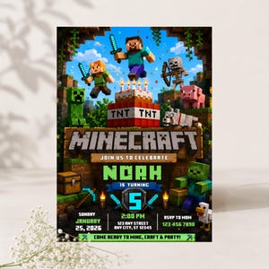 May include: A Minecraft-themed birthday invitation featuring characters like Steve, Alex, a skeleton, a creeper, a pig, and a wolf. The design includes a TNT cake, the Minecraft logo, and text stating Noah is turning 5 on Sunday, January 25, 2026.