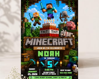 Einladungsvorlage für eine Pixel-Block-Geburtstagsparty, Minecraft-Einladung für Jungen, Gamer-Einladung, Canva-Vorlage. Digitaler Download.
