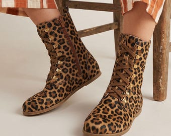 女性用アース・グラウンディングブーツ、ベアフットカッパーソール、レオパーレザー