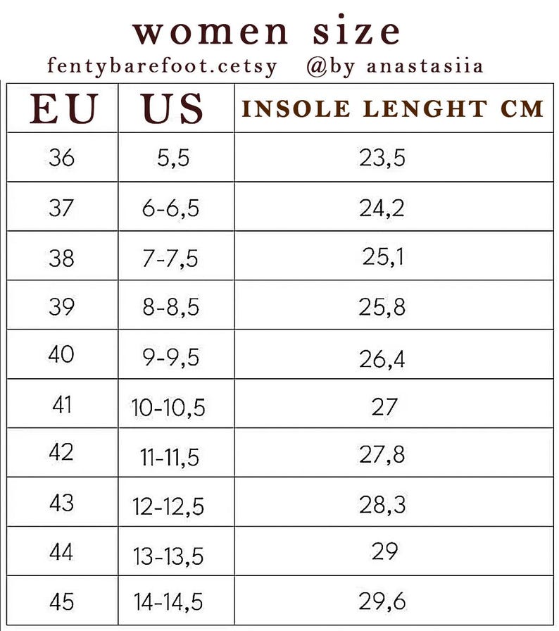 Op de afbeelding: Een schoenmatentabel voor dames, met EU-, US- en binnenzoollengtes in centimeters. De tabel bevat maten van EU 36 (US 5,5, 23,5 cm) tot EU 45 (US 14-14,5, 29,6 cm).