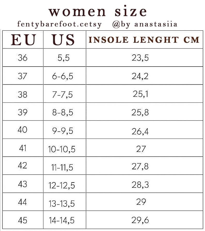 May include: A shoe size chart for women, displaying EU, US, and insole length in centimeters. The chart includes sizes from EU 36 (US 5.5, 23.5 cm) to EU 45 (US 14-14.5, 29.6 cm). The chart is from fentybarefoot.cetsy.