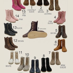 May include: A collection of women's boots in various colors and styles. Colors include pink, brown, black, grey, and navy blue. Styles include suede and leopard print. The text on the image says "fentybarefoot.etsy.com" and "@by anastasiia".