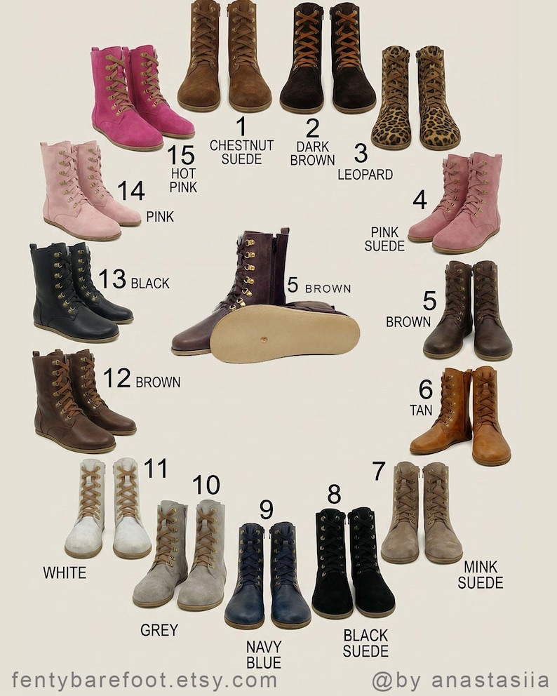 May include: A collection of women's boots in various colors and styles. Colors include pink, brown, black, grey, and navy blue. Styles include suede and leopard print. The text on the image says "fentybarefoot.etsy.com" and "@by anastasiia".