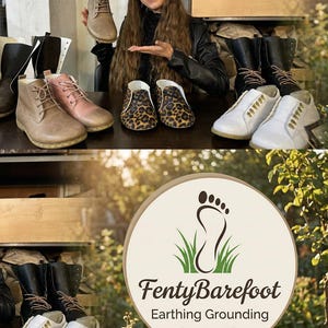 Op de afbeelding: Een verscheidenheid aan schoenen, waaronder laarzen, sneakers en enkellaarsjes, wordt op een tafel getoond. De schoenen zijn er in verschillende kleuren en patronen, waaronder bruin, roze, luipaardprint en wit. De merknaam "FentyBarefoot" is zichtbaar in een cirkelvormig logo.