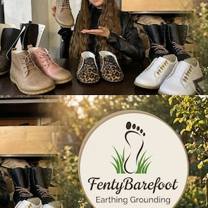 May include: A variety of shoes, including boots, sneakers, and ankle boots, are displayed on a table. The shoes come in various colors and patterns, including brown, pink, leopard print, and white. The brand name "FentyBarefoot" is visible in a circular logo.