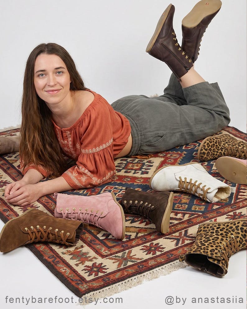 May include: A selection of ankle boots in various colors and patterns, including brown, pink, white, and leopard print. The boots are displayed on a patterned rug. The image includes the text "fentybarefoot.etsy.com" and "@by anastasiia".