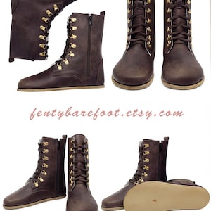 May include: Brown leather boots with gold-colored eyelets and laces. The boots have a side zipper and a light-colored sole. The text "fentybarefoot.etsy.com" is visible at the bottom of the image.