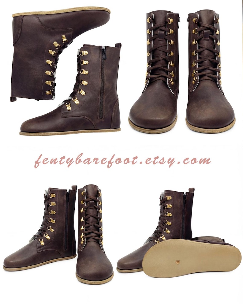 May include: Brown leather boots with gold-colored eyelets and laces. The boots have a side zipper and a light-colored sole. The text "fentybarefoot.etsy.com" is visible at the bottom of the image.